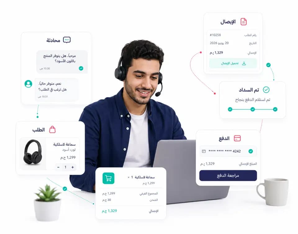 طلب منتج داخل المحادثة مع مراجعة الدفع واستلام الإيصال